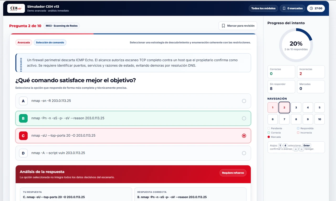 Análisis y feedback de respuesta en simulador CEH